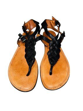 Black Braided Leather Sandals Adjustable Straps Womens 9 Festival Boho Cottage